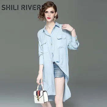 New spring autumn designer blouse for women long sleeve casual loose girl elegant cute white bule lapel pocket long shirt
New spring autumn designer blouse for women long sleeve casual loose girl elegant cute white bule lapel pocket long shirt