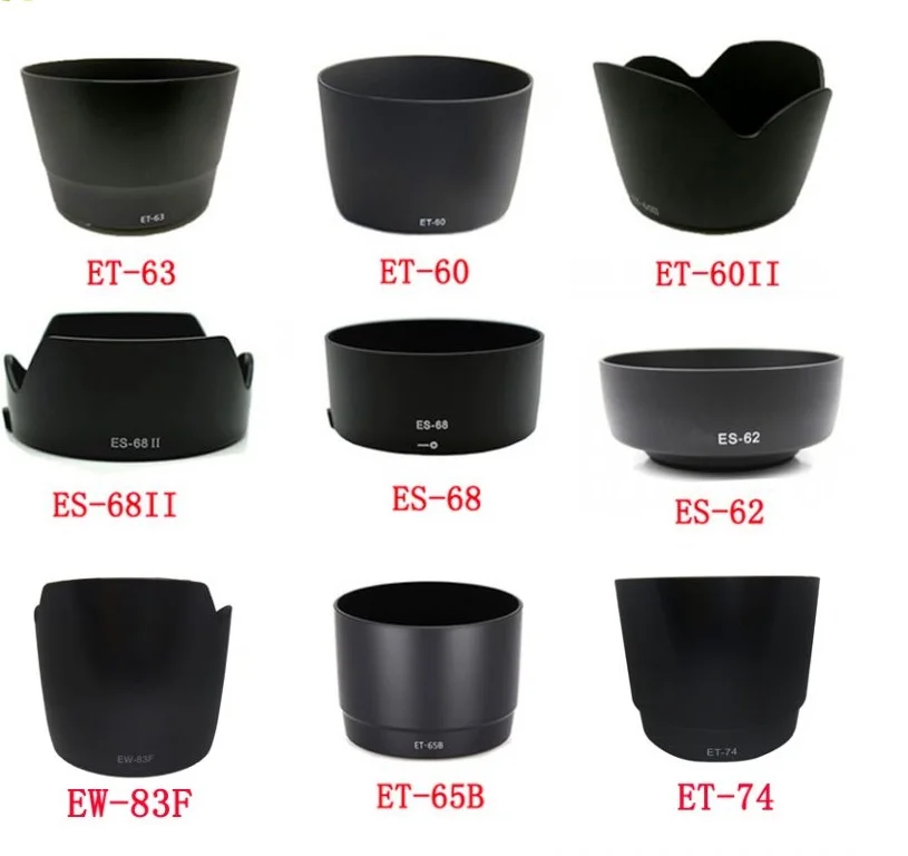 

10pcs / lot ET-60 ET-60II ET-63 ET-65B ES-62 ES-68 ES-68II ET-74 EW-83F lens hood for canon camera