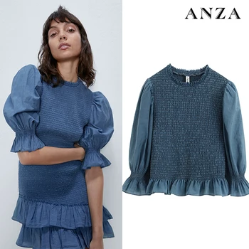ZA Women Long Sleeve Shirt with O-neck Ruffles Solid Long Sleeve Sexy Summer Top Femme Casual Slim Blue Chiffon Top 
ZA Women Long Sleeve Shirt with O-neck Ruffles Solid Long Sleeve Sexy Summer Top Femme Casual Slim Blue Chiffon Top