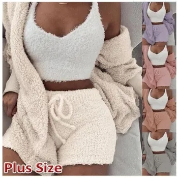 Women Coral Velvet Pajamas Set Spring Autumn Winter Pajamas 3 Three Piece Set Sleepwear Tops Shorts Coat Suit Size S-3XL 
Women Coral Velvet Pajamas Set Spring Autumn Winter Pajamas 3 Three Piece Set Sleepwear Tops Shorts Coat Suit Size S-3XL