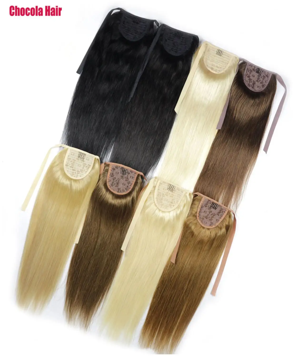 

Chocola 16"-28" 120g Brazilian Machine Made Remy Hair Ribbon Ponytail Clip In 100% Human Hair Extensions Horsetail Stragiht