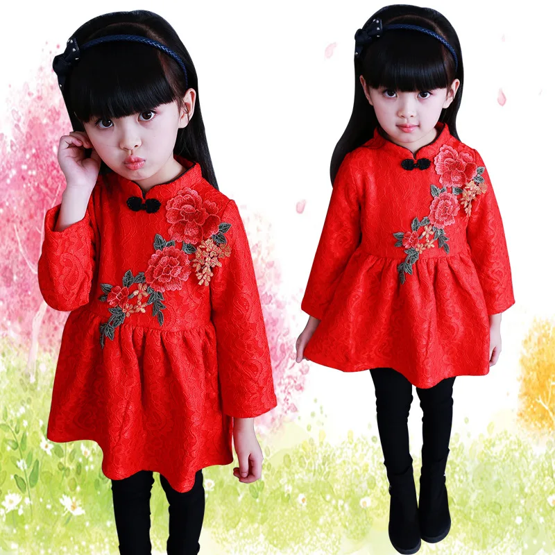 

Girls Fashion Flowers Embroidered Red Cheongsam Fall Winter Children's Velvet Thick Dresses Baby Kids Cute Princess Dress P116