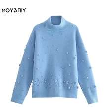 

MOYATIIY Women 2021 Fashion Warm Winter Kintted Sweater Vintage High Neck With Pompom Shinny Pullover Long Sleeve Female Tops