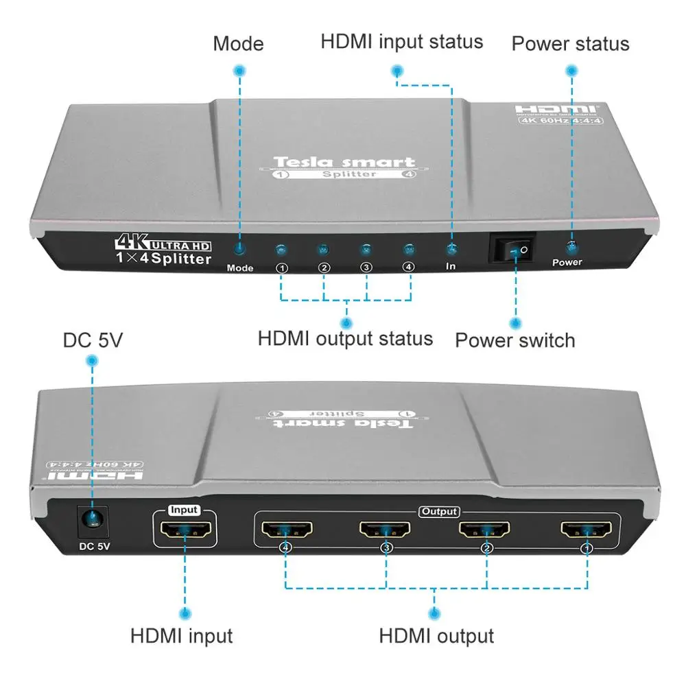 HDMI splitter 4K@60Hz 1x4 HDMI Splitter HDCP 2.2 Tesla Smart WIth HDR10 4 Ultra HD displays HDMI2.0 HDTV DVD PS3 Xbox
HDMI splitter 4K@60Hz 1x4 HDMI Splitter HDCP 2.2 Tesla Smart WIth HDR10 4 Ultra HD displays HDMI2.0 HDTV DVD PS3 Xbox