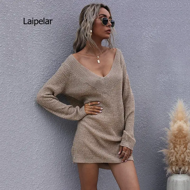 

2021 Newly Low-Cut V-Neck Sexy Sweater Long Sleeve Knitwear Pullovers Loose Female Bottoming Off-The-Shoulder Dress Jumper Tops