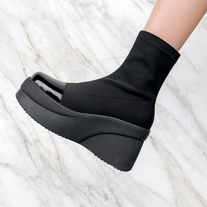 Womens Platform Round Toe Ankle Boots Wedge High Heel Socks Stitching Patent Leather Stretchy Pull On Motorcycle Punk Shoes
Womens Platform Round Toe Ankle Boots Wedge High Heel Socks Stitching Patent Leather Stretchy Pull On Motorcycle Punk Shoes