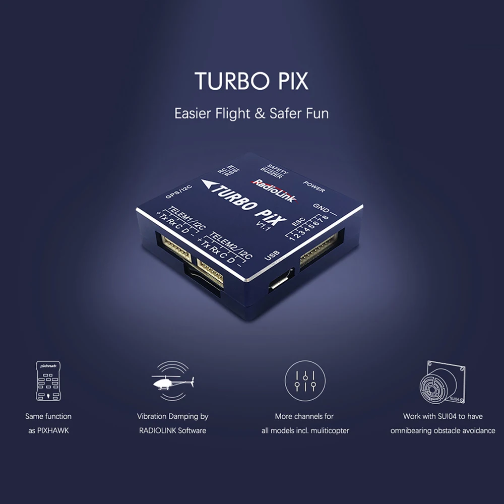 RadioLink TURBO PIX V1.1 Module PPM SBUS Flight Controller MPU6500 for RC Drone Airplane Helicopter Slider Cars Boats Robots
RadioLink TURBO PIX V1.1 Module PPM SBUS Flight Controller MPU6500 for RC Drone Airplane Helicopter Slider Cars Boats Robots
