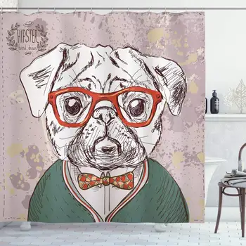 Dog Shower Curtain Vintage Illustration of Old Hipster Pug Dog with Red Glasses Bow Master of Professor Bathroom 
Dog Shower Curtain Vintage Illustration of Old Hipster Pug Dog with Red Glasses Bow Master of Professor Bathroom