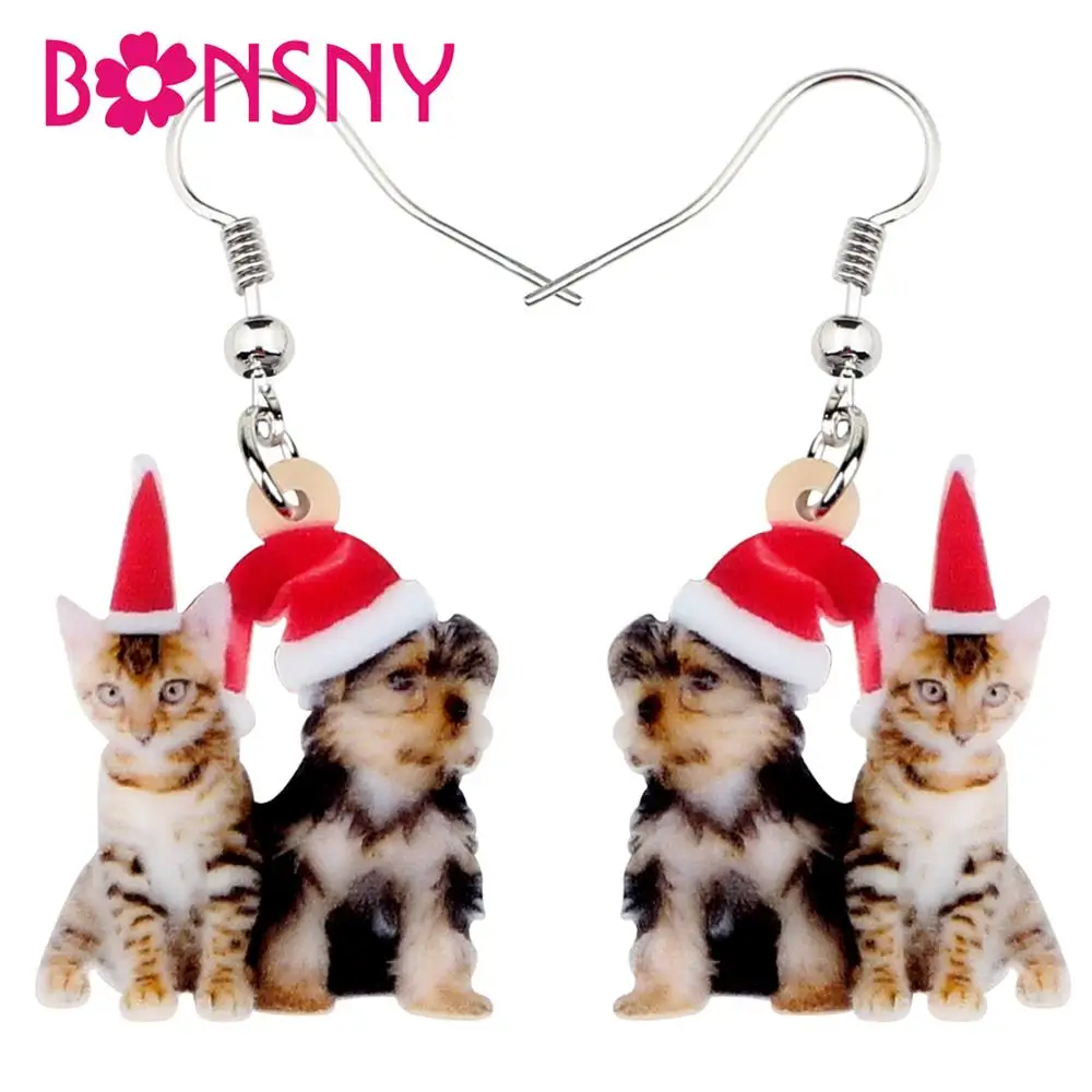 

Bonsny Acrylic Christmas Sweet Yorkshire Dog Cat Kitten Earrings Drop Dangle Cute Pets Women Girl Teen Kid Festival Charms Gift