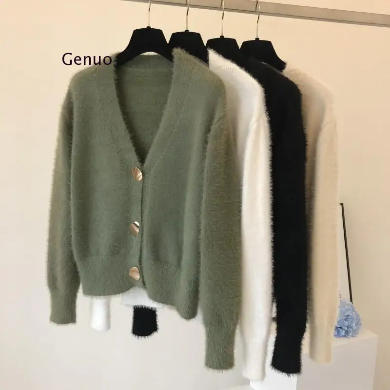 

Elegant Loose Women Knitted Cardigans Lantern Sleeve Mohair Sweater Jumpers Autumn Winter Female Cardigan Jacket