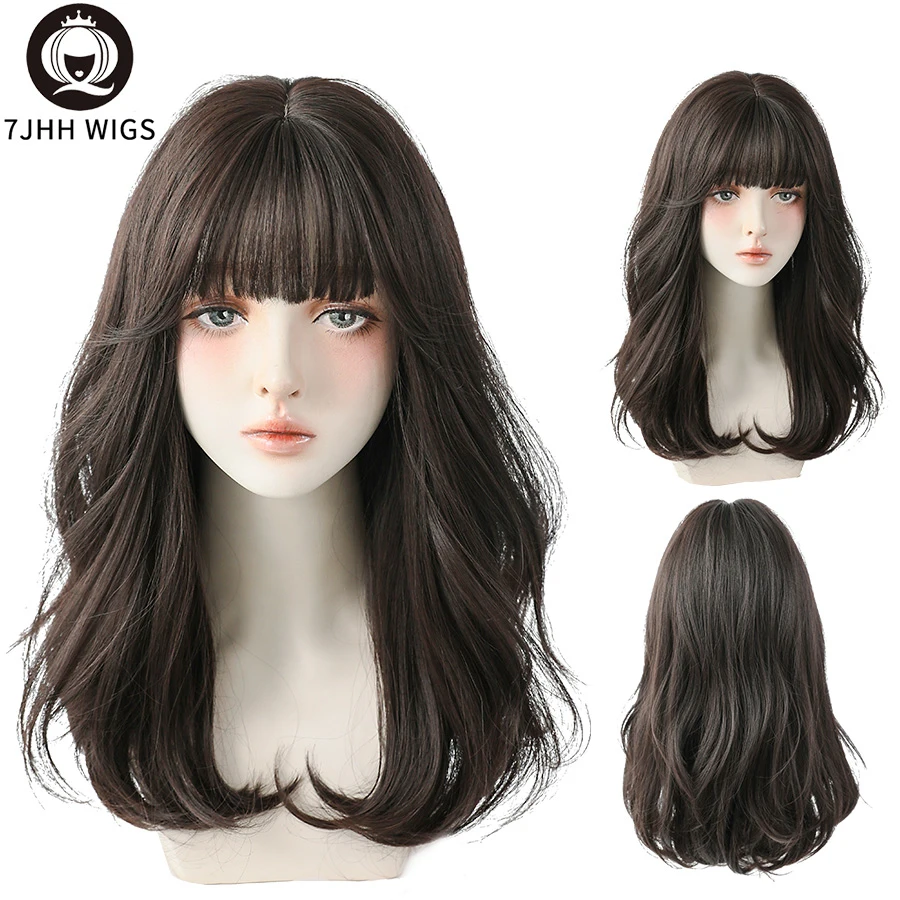 7JHH WIGS Long Wavy Curly Black Brown Synthetic Blend Wigs With Fluffy Bangs For Women's Daily Wear Four Seasons Hair Toupee |