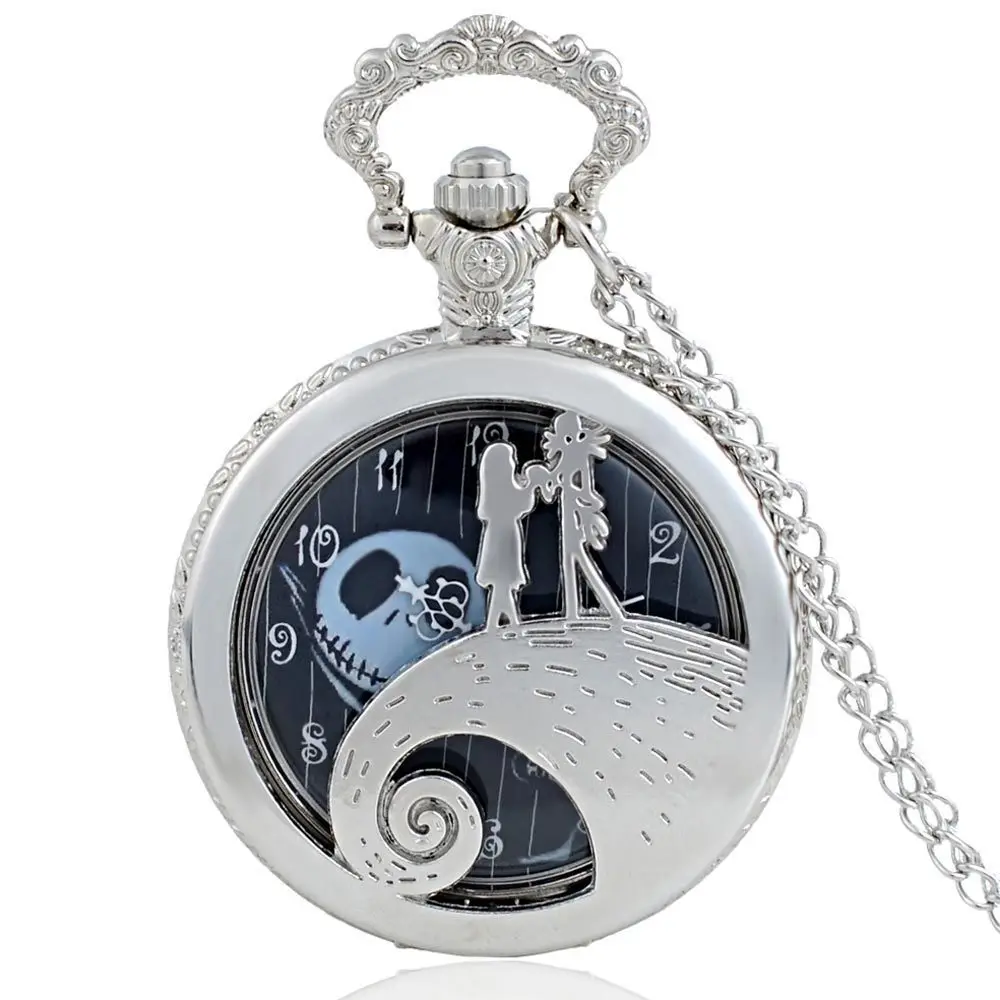 IBEINA Silver Alice Theme Hollow Full Hunter Quartz Engraved Fob Retro Pendant Pocket Watch Chain Gift