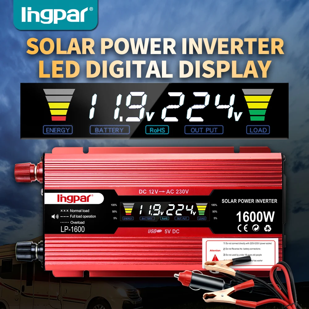 Lingpar Solar Inverter DC 12V to AC 220V 1600W Pe ak Power Inverter Voltage Transformer Convertor Transformer + LCD Display
Lingpar Solar Inverter DC 12V to AC 220V 1600W Pe ak Power Inverter Voltage Transformer Convertor Transformer + LCD Display