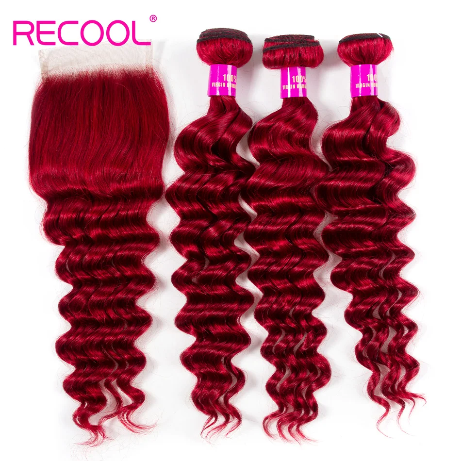 

Recool Red Brazilian Hair 3 Bundle Loose Deep Weave Remy Human Hair Weft With 4*4 Lace Closure Free Shipping