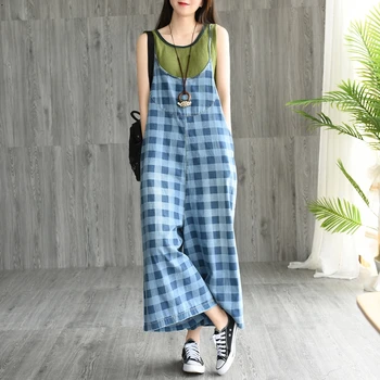 Girl new plaid jeans wide leg pants college style wild casual jumpsuit bib pants women 
Girl new plaid jeans wide leg pants college style wild casual jumpsuit bib pants women