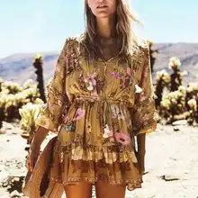 Boho inspirado desierto floral otoño vestido para mujer manga larga volante borla Boho vestido Chic gitano mostaza plisado verano vestido(China)