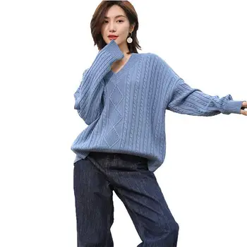 2020 autumn light mature temperament Korean women's hedging long-sleeved V-neck loose large-size sweater 
2020 autumn light mature temperament Korean women's hedging long-sleeved V-neck loose large-size sweater