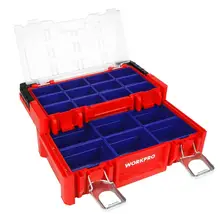 WORKPRO 17-inch Plastic Tool Box 18 Adjustable Compartments Red Storage Box with Locking Lid and Stainless Steel Handle WORKPRO 17-inch Plastic Tool Box 18 Adjustable Compartments Red Storage Box with Locking Lid and Stainless Steel Handle