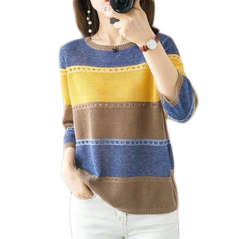 Женский трикотажный пуловер с коротким рукавом и круглым вырезом осень 2020 |