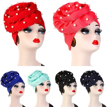 

Ladies Big Flower Headwear Headwarp Cap Women Stylish Pearls Beaded Turban Hats TOSQD0052