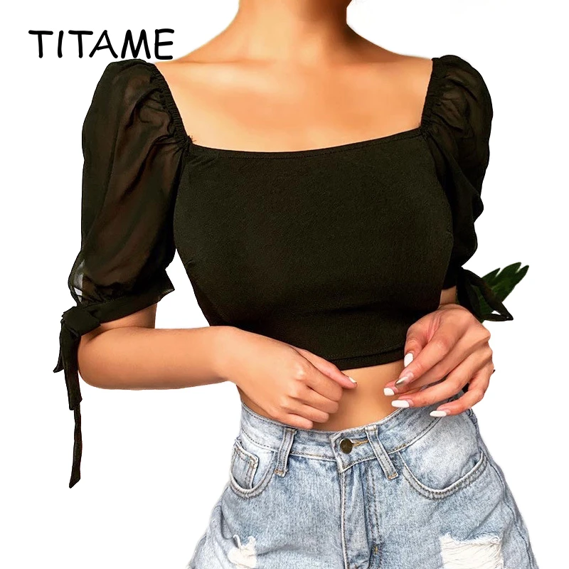 TITAME 2020 Spring Summer Women Sexy Chiffon Square Neck Open Navel Panel Tie Middle Sleeve T-shirt Black Apricot Shirt Blouse
TITAME 2020 Spring Summer Women Sexy Chiffon Square Neck Open Navel Panel Tie Middle Sleeve T-shirt Black Apricot Shirt Blouse