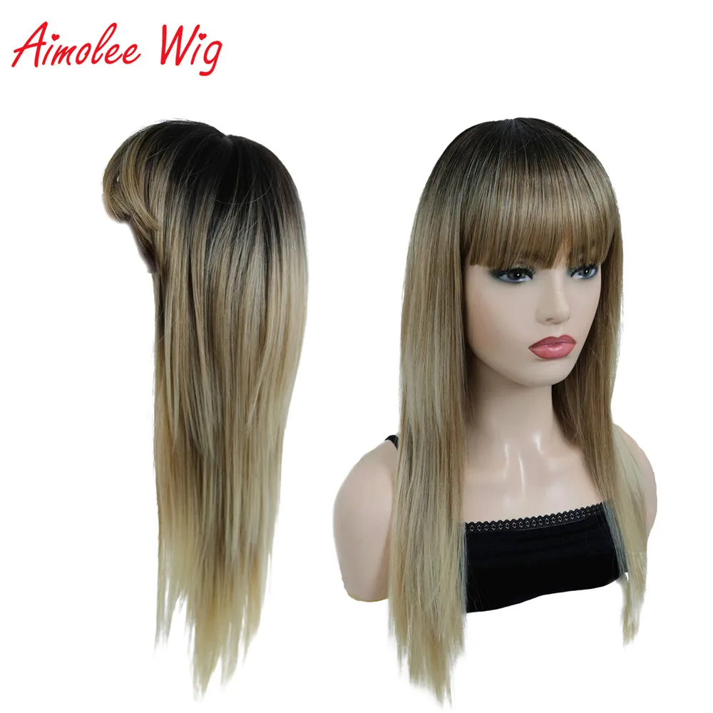 

Aimolee Women's Synthetic Wigs Hair Matte Ombre Long Straight Neat Bang Style Natura Wig Blonde Mix