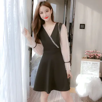 2020 Spring and Autumn New Style Short-height Waist Hugging Slimming Elegant V-neck Dress Gauze Joint Beads Black Dress
2020 Spring and Autumn New Style Short-height Waist Hugging Slimming Elegant V-neck Dress Gauze Joint Beads Black Dress