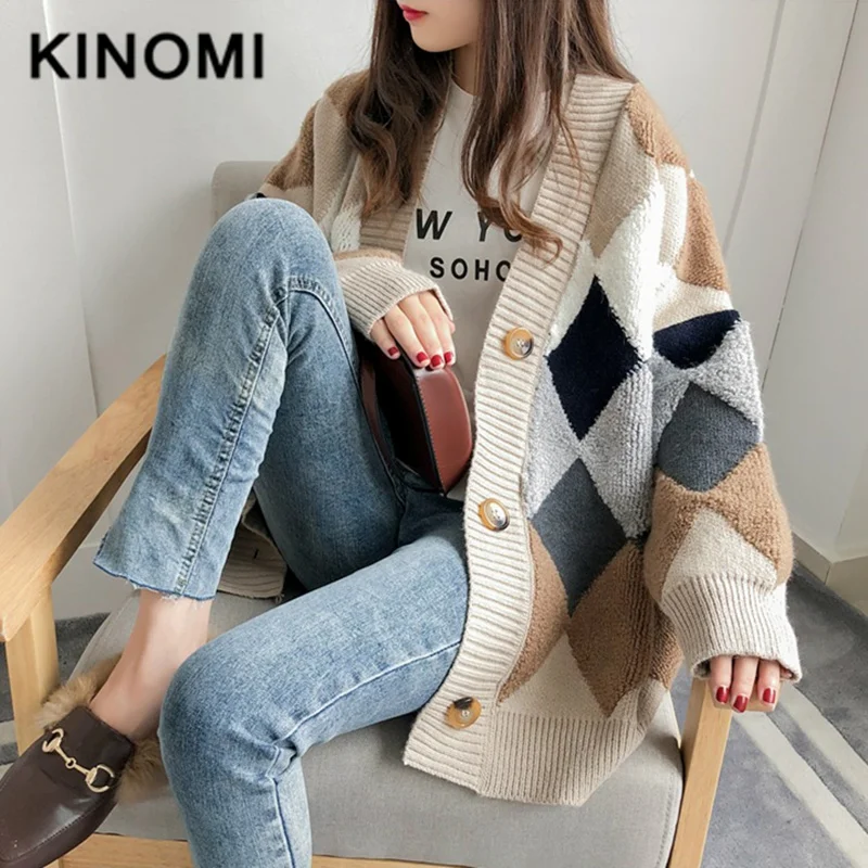 KINOMI Новое поступление женские свитера осень зима модные повседневные клетчатые