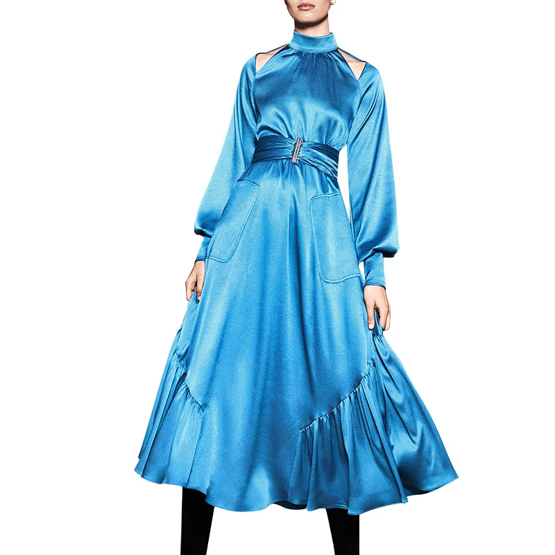 TWOTWINSTYLE Elegant Hollow Out Dresses Female Stand Collar Puff Sleeve High Waist Dress For Women 2019 Autumn Oversized New (2).jpg