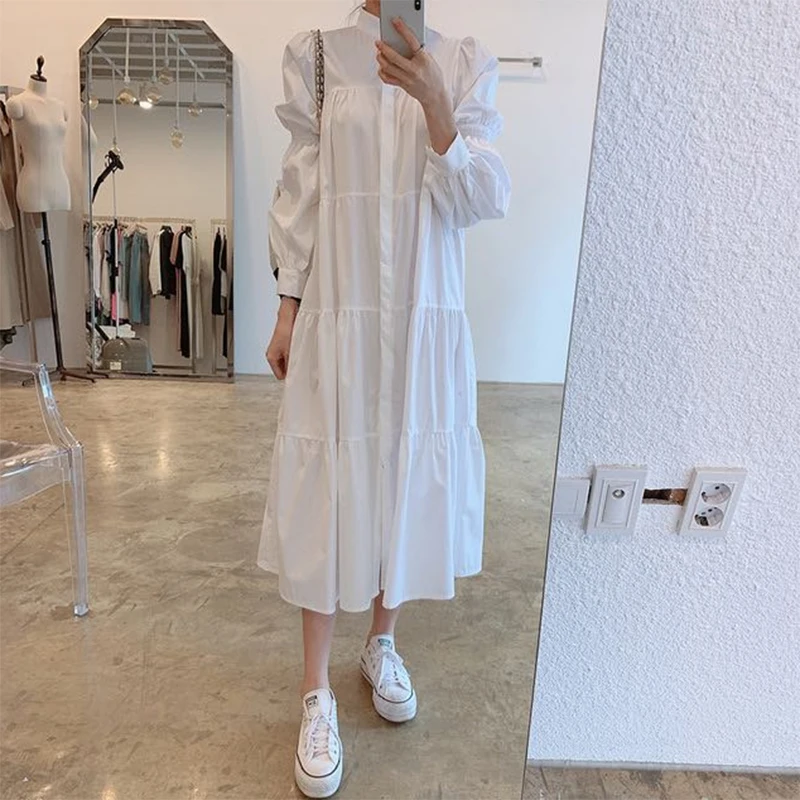 

women solid color casual white shirtdress office lady puff sleeve pleats vestidos chic big swing dresses