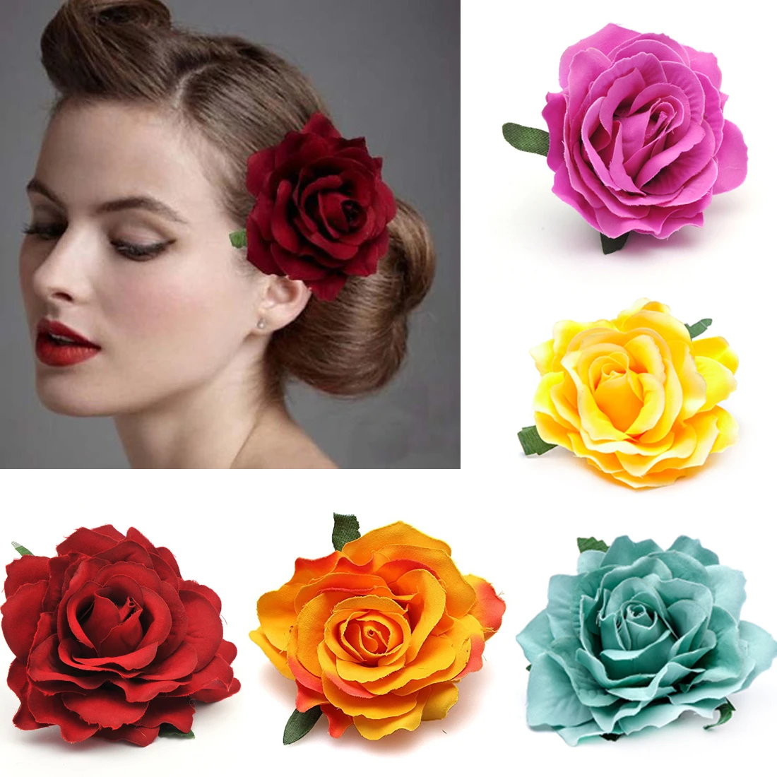 

Women Girl Rose Flower Hair Clip Solid Corsage Simulation big rose Head Wear Head Accessory Hairpin Wedding Bridal Headdress