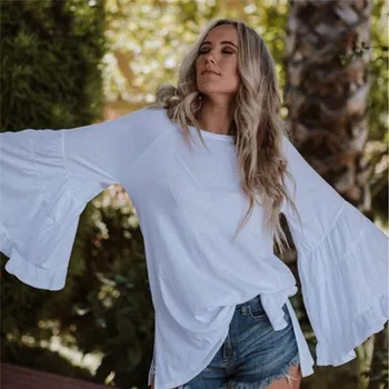 2019 Women Flare Sleeve Bandage Loose Fit Solid s Ladies Summer O Neck Casual Beach Loose Shirts Tops Elegant Plus Size 28 
2019 Women Flare Sleeve Bandage Loose Fit Solid s Ladies Summer O Neck Casual Beach Loose Shirts Tops Elegant Plus Size 28