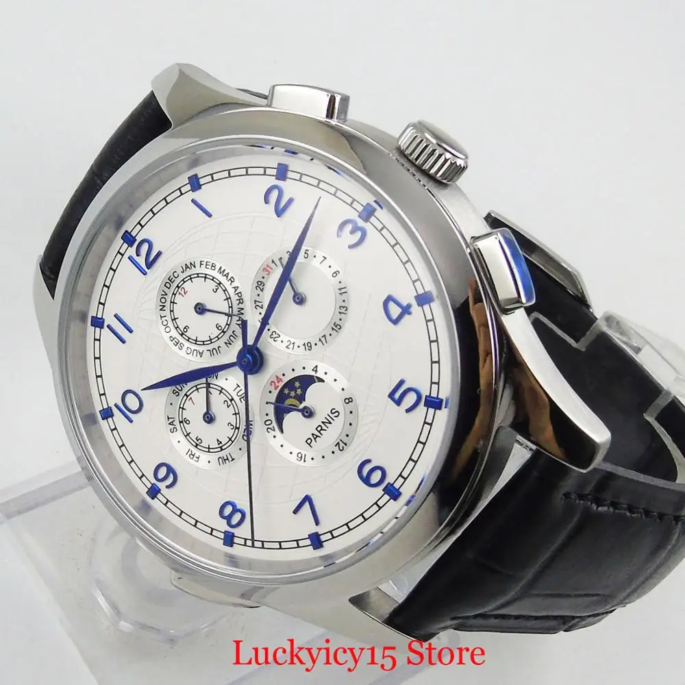 PARNIS Wristwatch Men 44mm Polished Case Year Month Date Indicator Automatic Movement Blue Marks
PARNIS Wristwatch Men 44mm Polished Case Year Month Date Indicator Automatic Movement Blue Marks