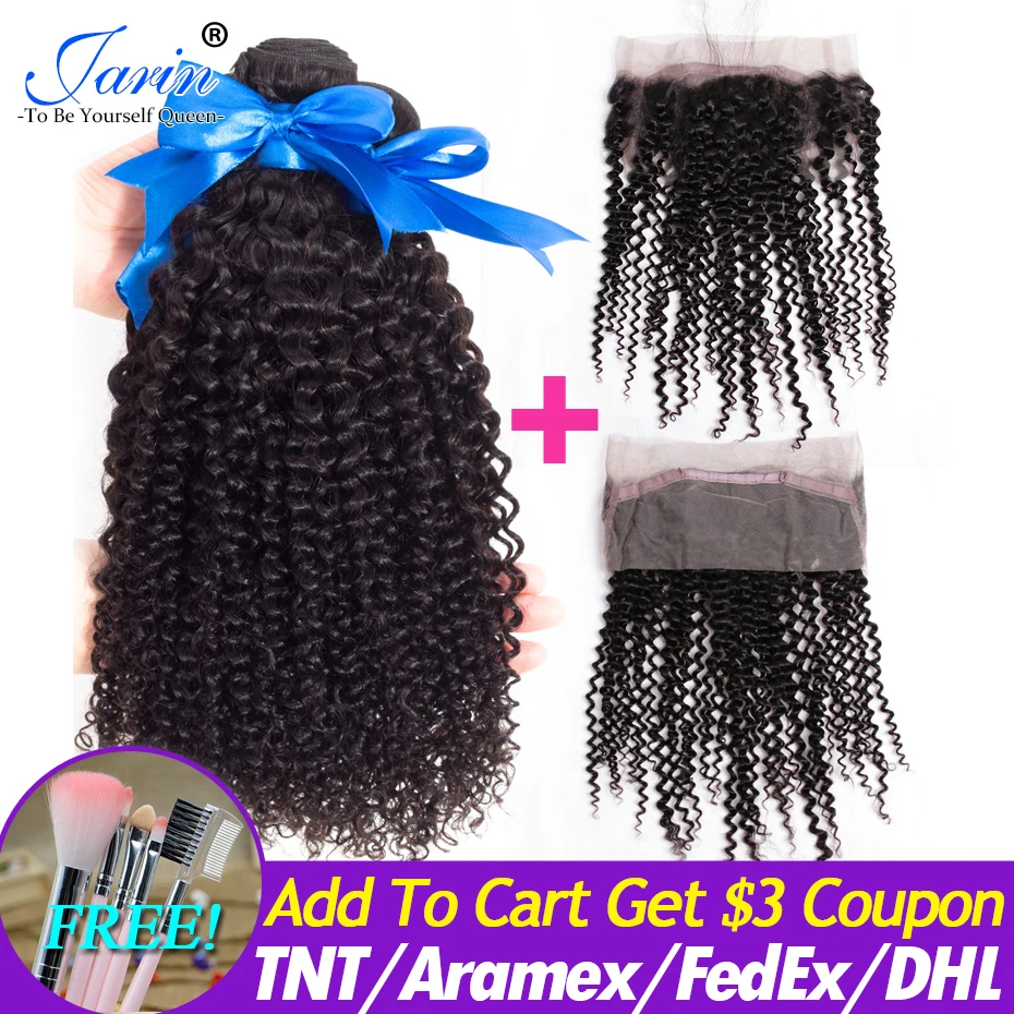 Mongolian Kinky Curly Bundles With 360 Frontal 100% Human Hair 3 Bundles With Closure Remy Hair Extensions Weave Jarin Hair