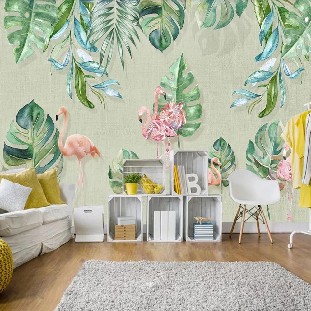 

Milofi custom large 3D wallpaper mural Nordic fresh hand painted flower flamingo background wall decoration mural wallpaper