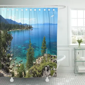 

Blue Summer Lake Tahoe Nevada USA California Beautiful Pine Shower Curtain Waterproof 72 x 78 Inches Set with Hooks