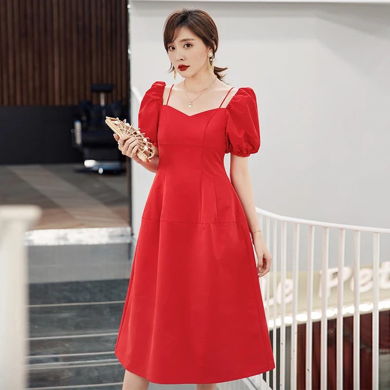 

YIGELILA New Arrivals Red Dress Square Collar Short Sleeves Princess Dress A-line Puff Sleeves Empire Mid-calf Dress 65351