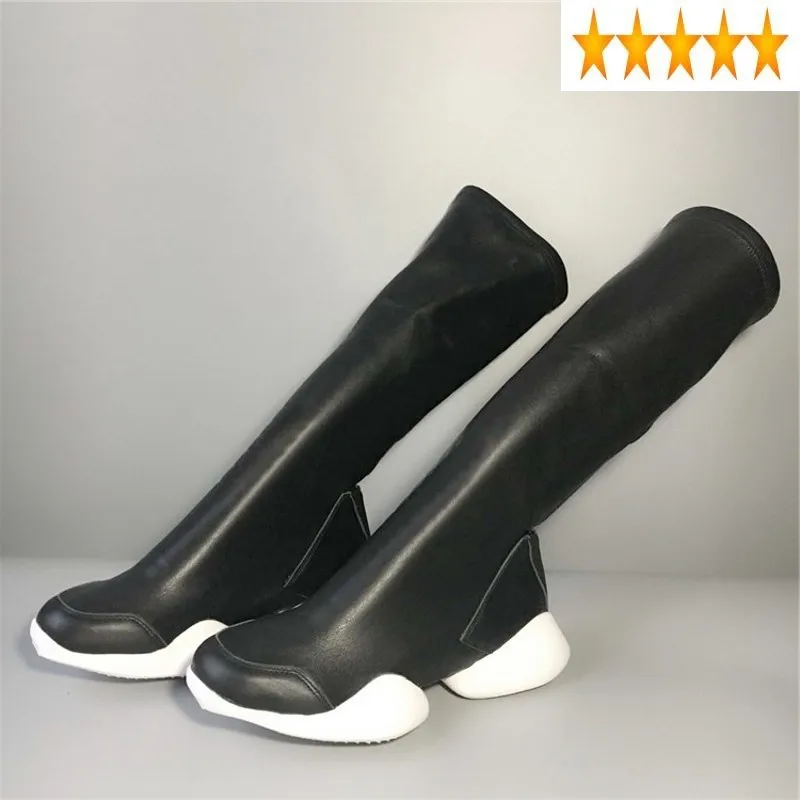 

Bottom Personality Unisex Stretch Thick Mid Calf Knight Spring Autumn New Brand Round Toe Slip On Increase Cow Suede Boots