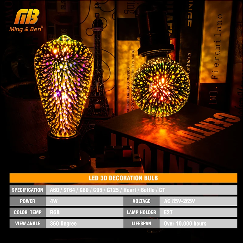 Светодиодный светильник лампа для украшения 3D фейерверков 110 220 В ST64 G95 G80 G125 A60 E27