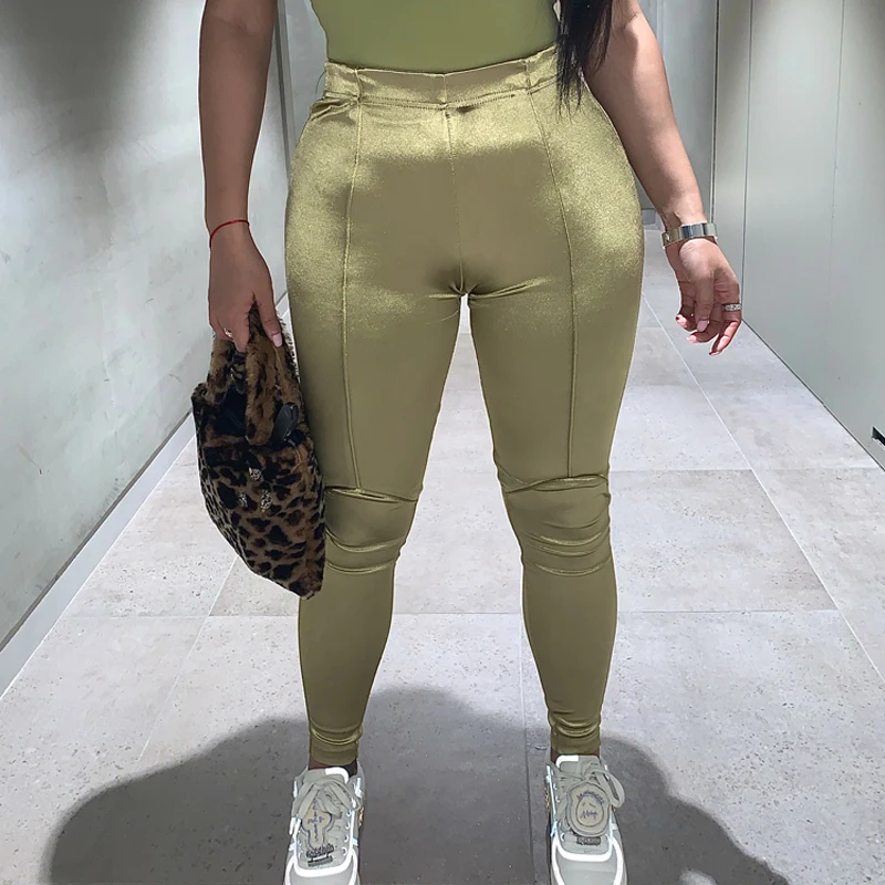 2 Colors Light Gold Black Metallic Ultra-High Elastic Silk Stitching Waist Small Feet Bottoming Trousers Leggings | Женская одежда