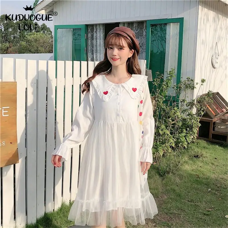 Японское милое белое платье для куклы с воротником длинным рукавом вышивкой в