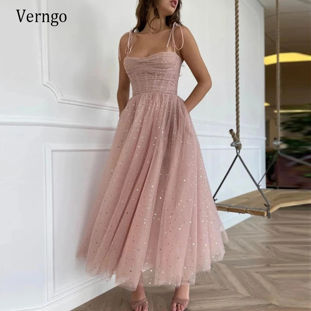 

Verngo Sandy Pink Tulle Short Prom Dresses With Golden Stars Corset Boning Straps Tea Length Evening Party Special Occasion Gown