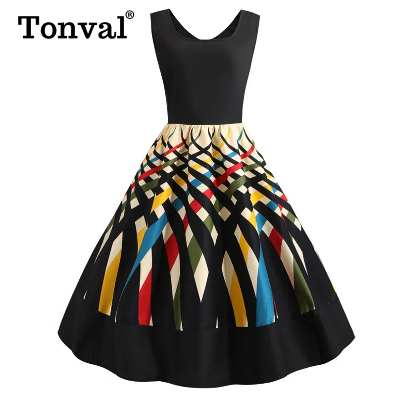 Tonval Multicolor Print Square Neck Pleated Black Dress Pin up Retro Clothes Fit and Flare Summer Women Midi Dresses
Tonval Multicolor Print Square Neck Pleated Black Dress Pin up Retro Clothes Fit and Flare Summer Women Midi Dresses