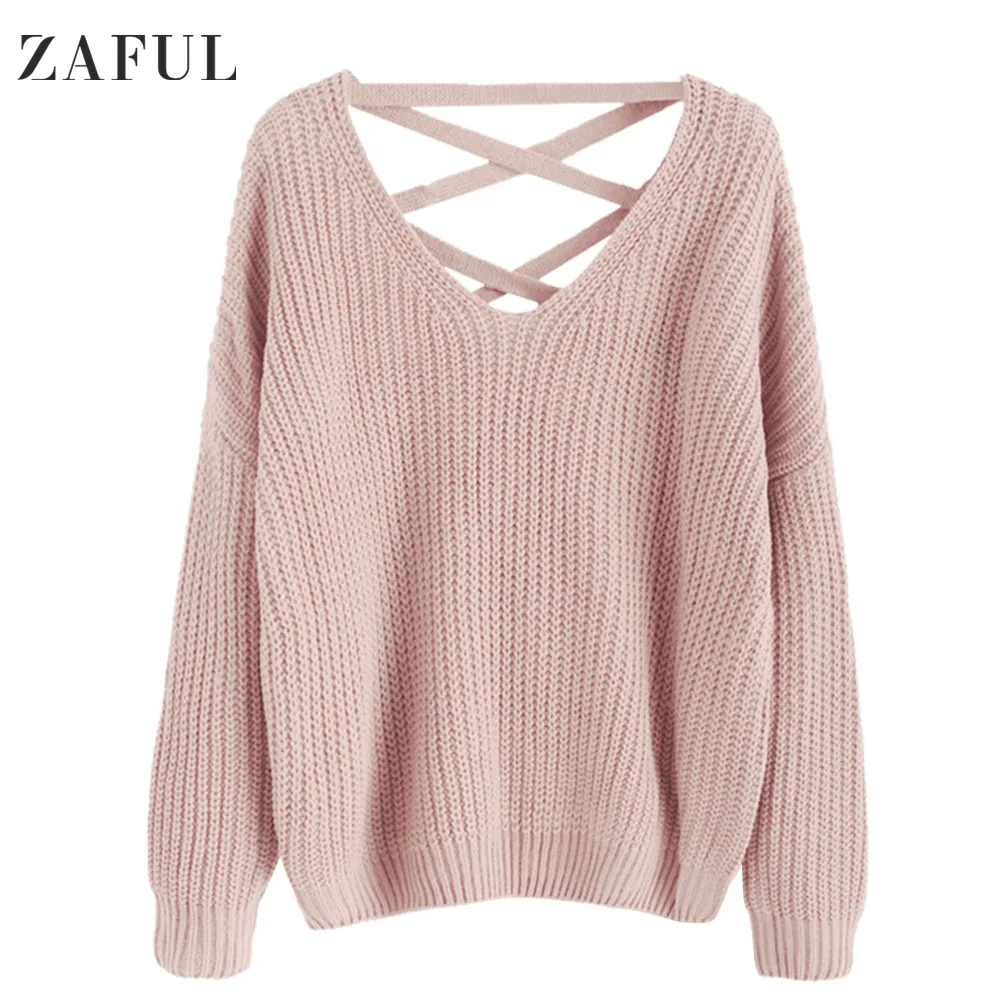 Zaful Autumn Solid Women Causal Sweater V-Neck Drop Shoulder Female Pullovers Lace Up Long Sleeves Feminino Knitted Loose Jumper | Женская