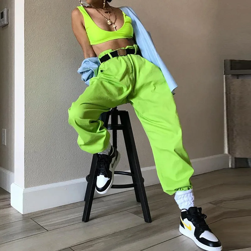 

Pants Pantalon Mujer 2019 Spring And Summer Hip Hop Style Color Women's Fluorescent Neon Loose Women Overall Pantaloni Donna