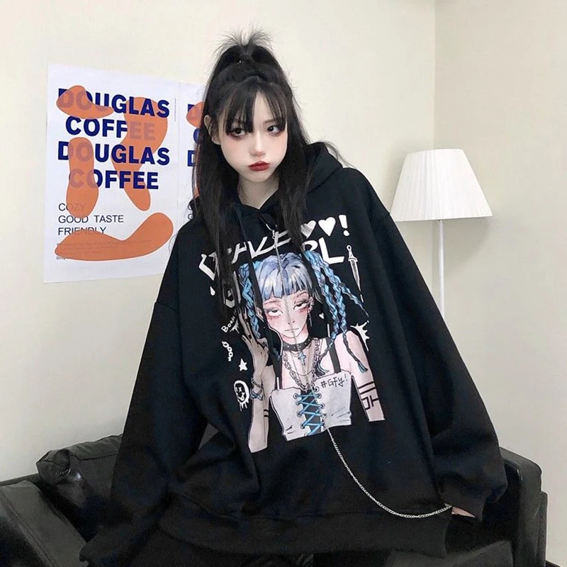 Hooded Sweatshirts Women Plus Velvet Korean Fashion Chain Anime Print BF Loose Thick Dark Gothic Style Harajuku Tops Y2k Kawaii 
Hooded Sweatshirts Women Plus Velvet Korean Fashion Chain Anime Print BF Loose Thick Dark Gothic Style Harajuku Tops Y2k Kawaii