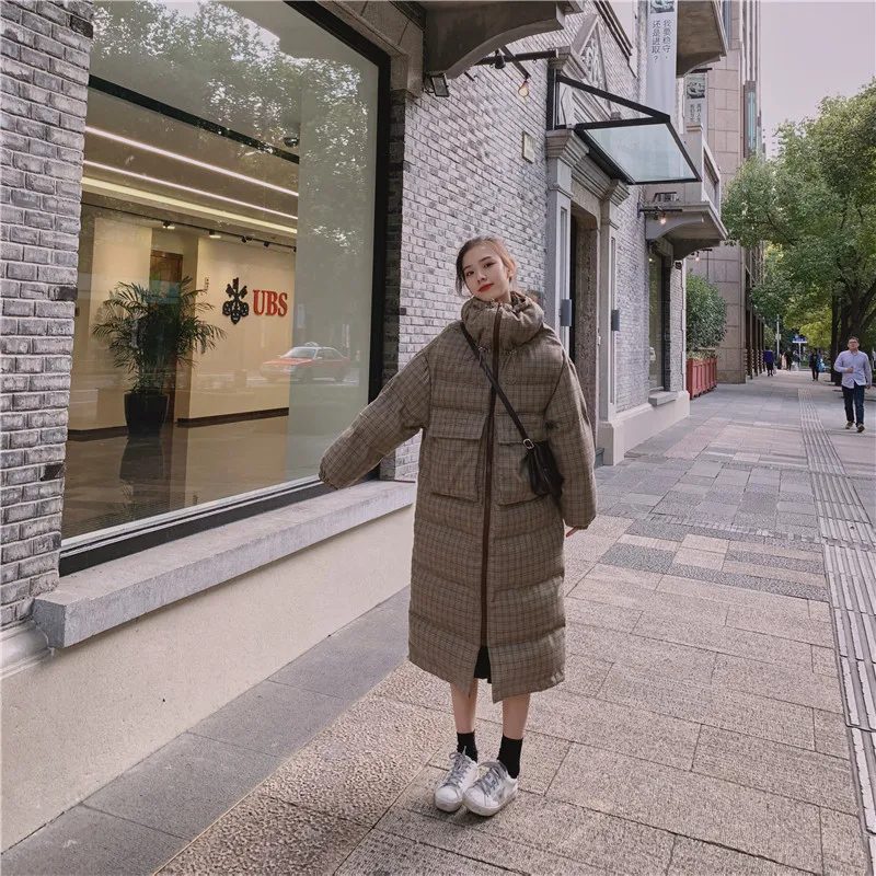 

2018 Winter New Style Korean-style Loose-Fit BF Mid-length Bread Cotton Coat Women's Long over-the-Knee Plaid Cotton Overcoat Th