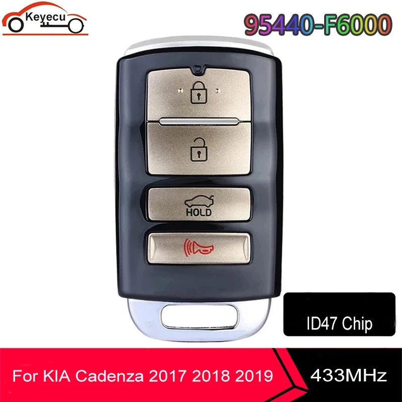 KEYECU Smart Remote Key for Kia Cadenza 2017 2018 2019, Fob 4 Buttons 433.92MHz P/N: 95440-F6000 FCC ID: TQ8-FOB-4F10
KEYECU Smart Remote Key for Kia Cadenza 2017 2018 2019, Fob 4 Buttons 433.92MHz P/N: 95440-F6000 FCC ID: TQ8-FOB-4F10