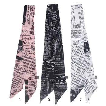 

90x5cm Women Retro English Newspaper Background Neckerchief Imitation Silk Skinny Neck Scarf Handbag Decorative Ribbon Headband