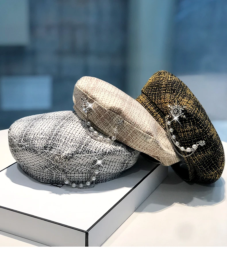 Fashion Luxury Diamond Decoration Beret Hat for Women French Designer